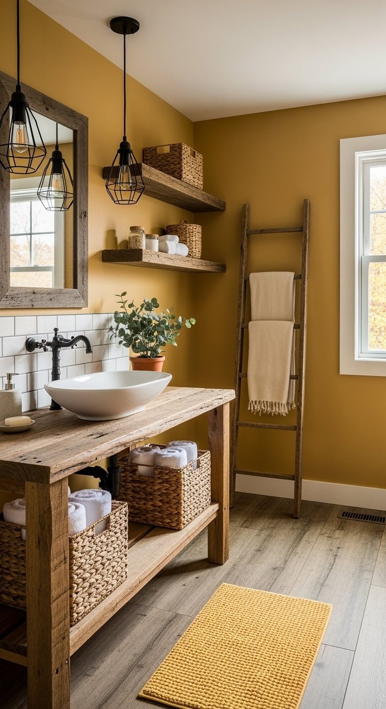 mustard walls with reclaimed wood