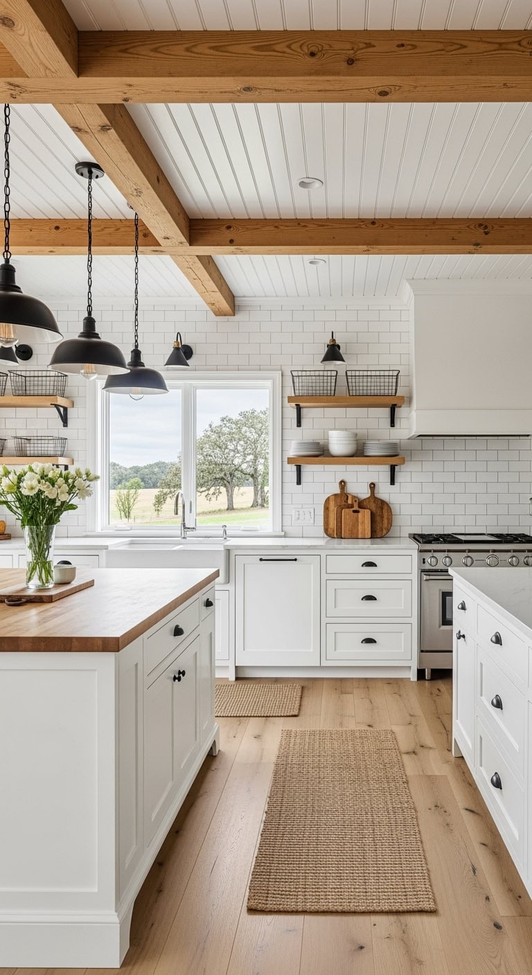 natural wood beams white planks