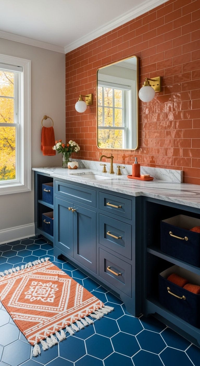 navy and burnt orange bathroom