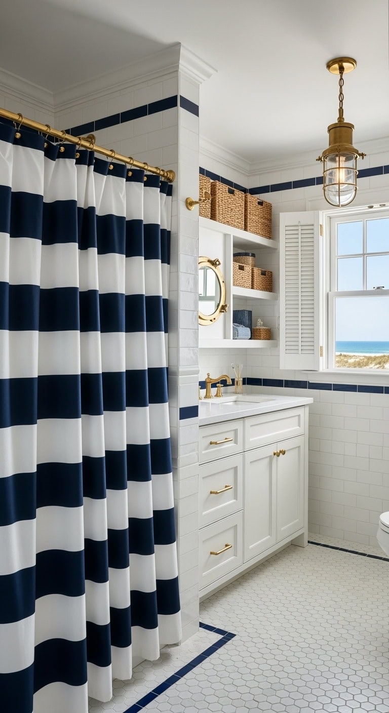 navy and ivory coastal bathroom