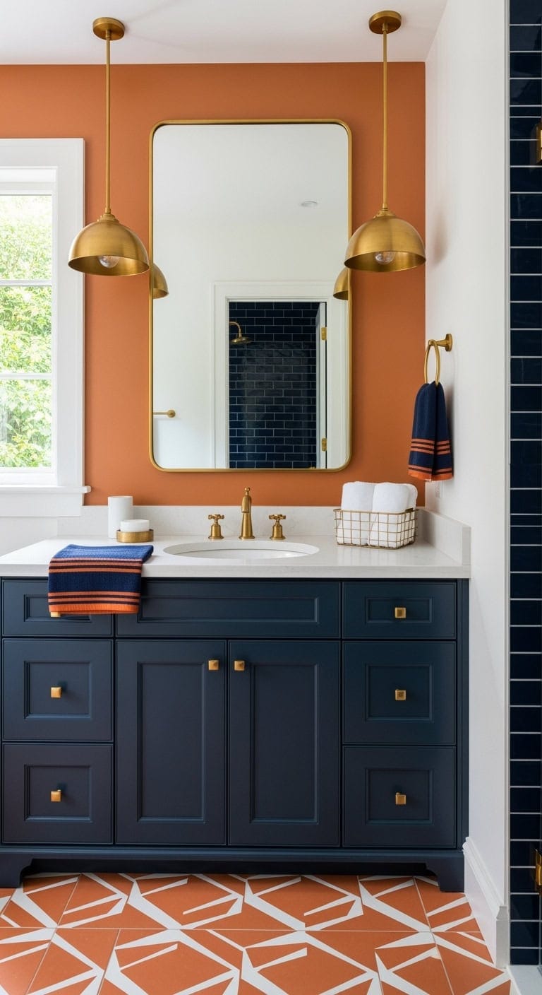 navy and orange bathroom