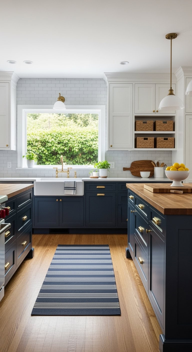 navy lower white upper cabinetry