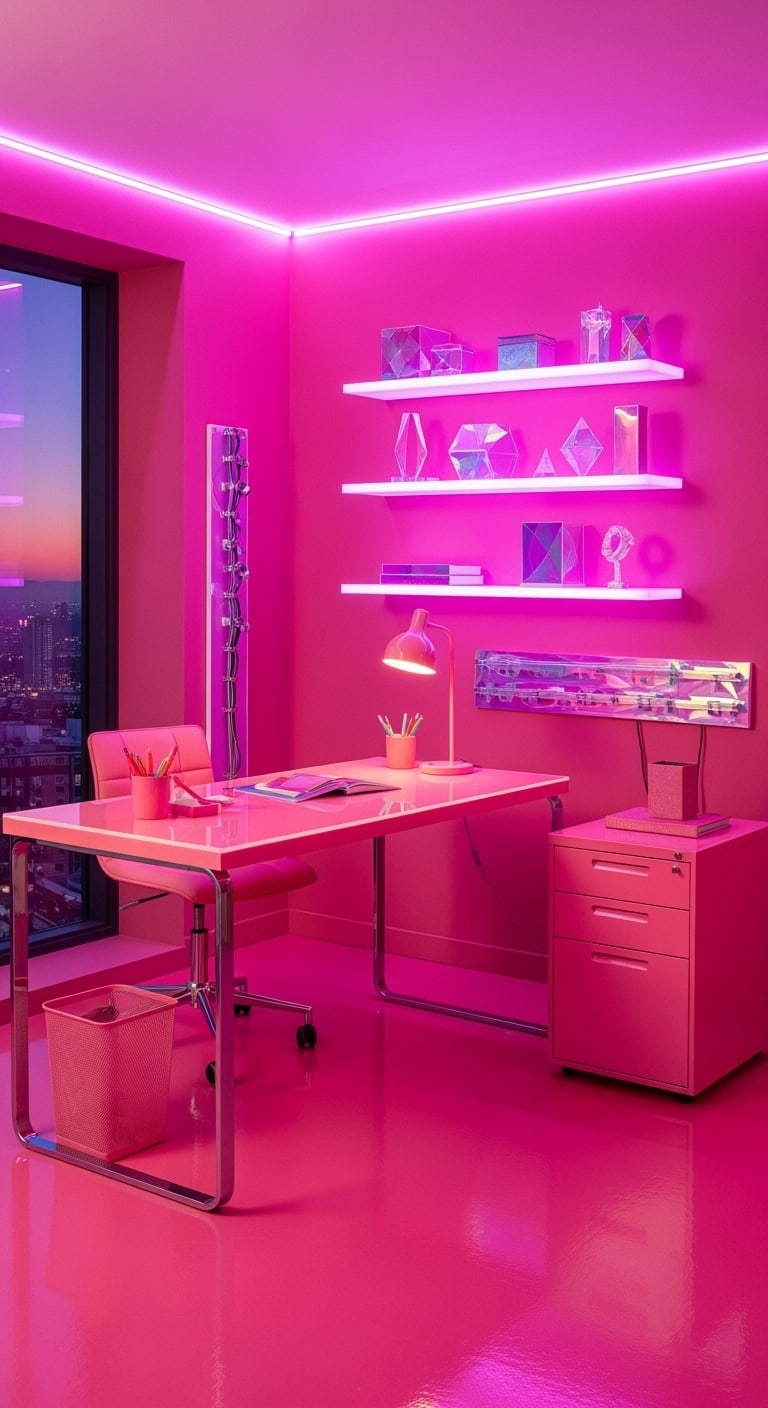 neon pink high gloss workspace