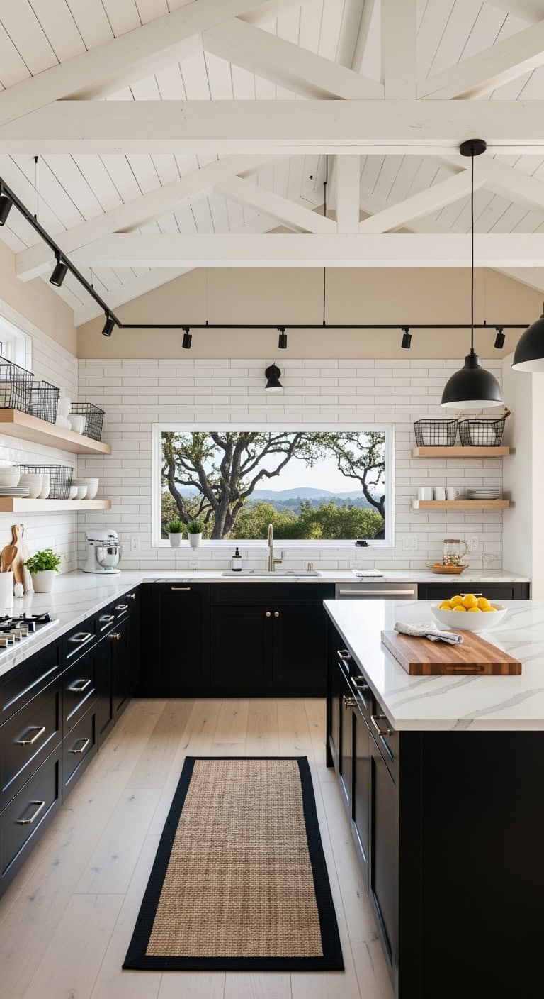 oak beams black cabinets
