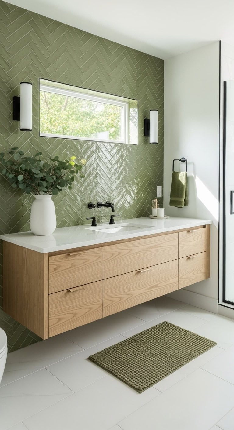 olive herringbone spa bathroom