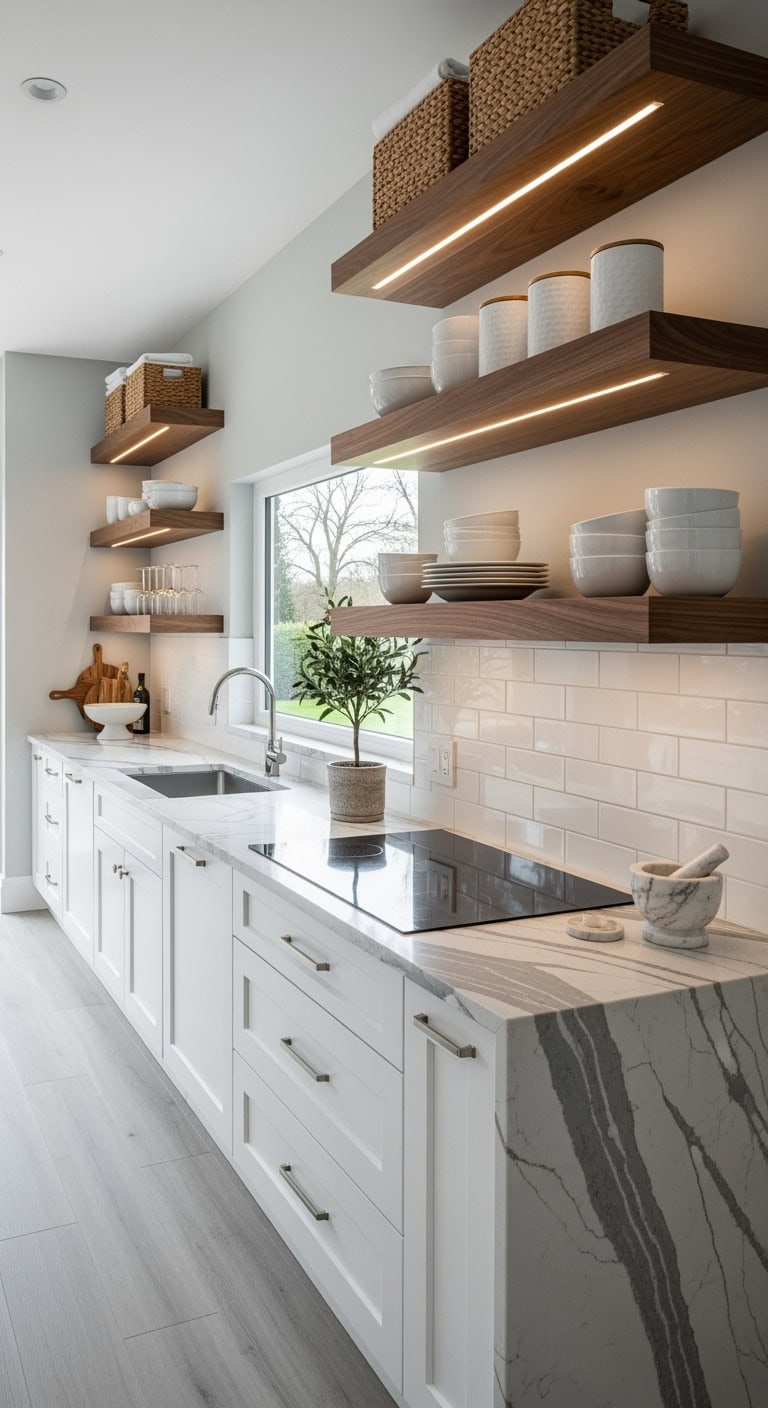 open concept walnut floating shelves