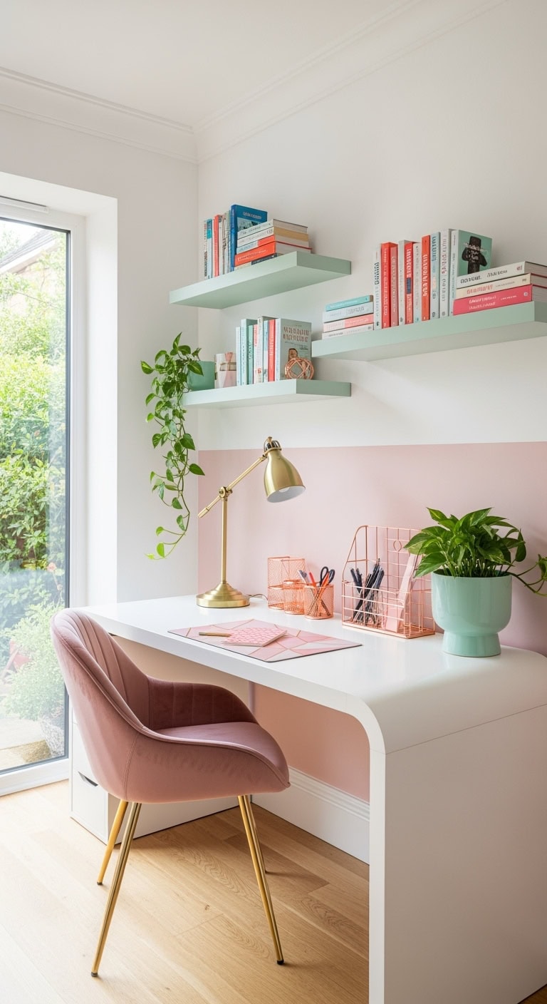 pastel pink mint workspace