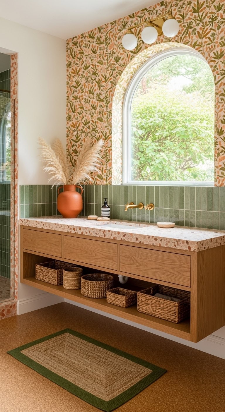 peach olive boho bathroom
