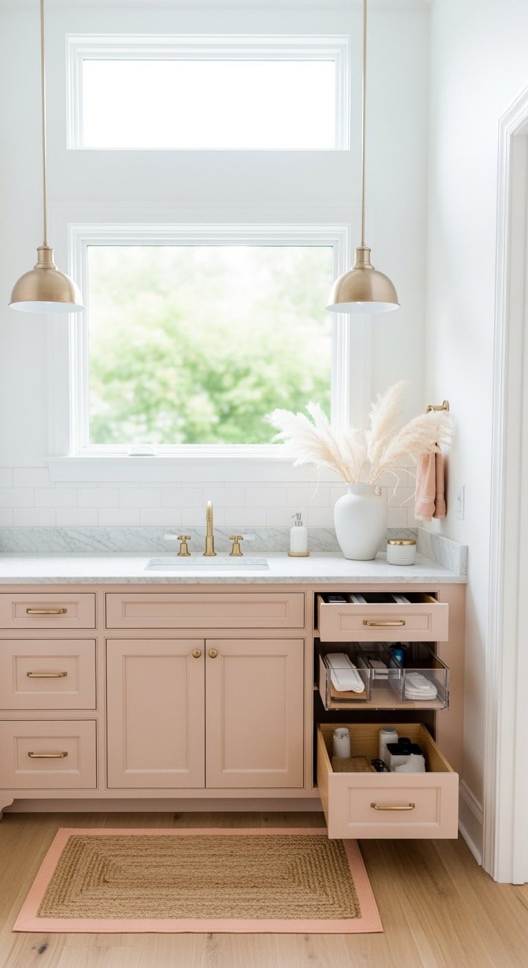 peachy pink marble vanity