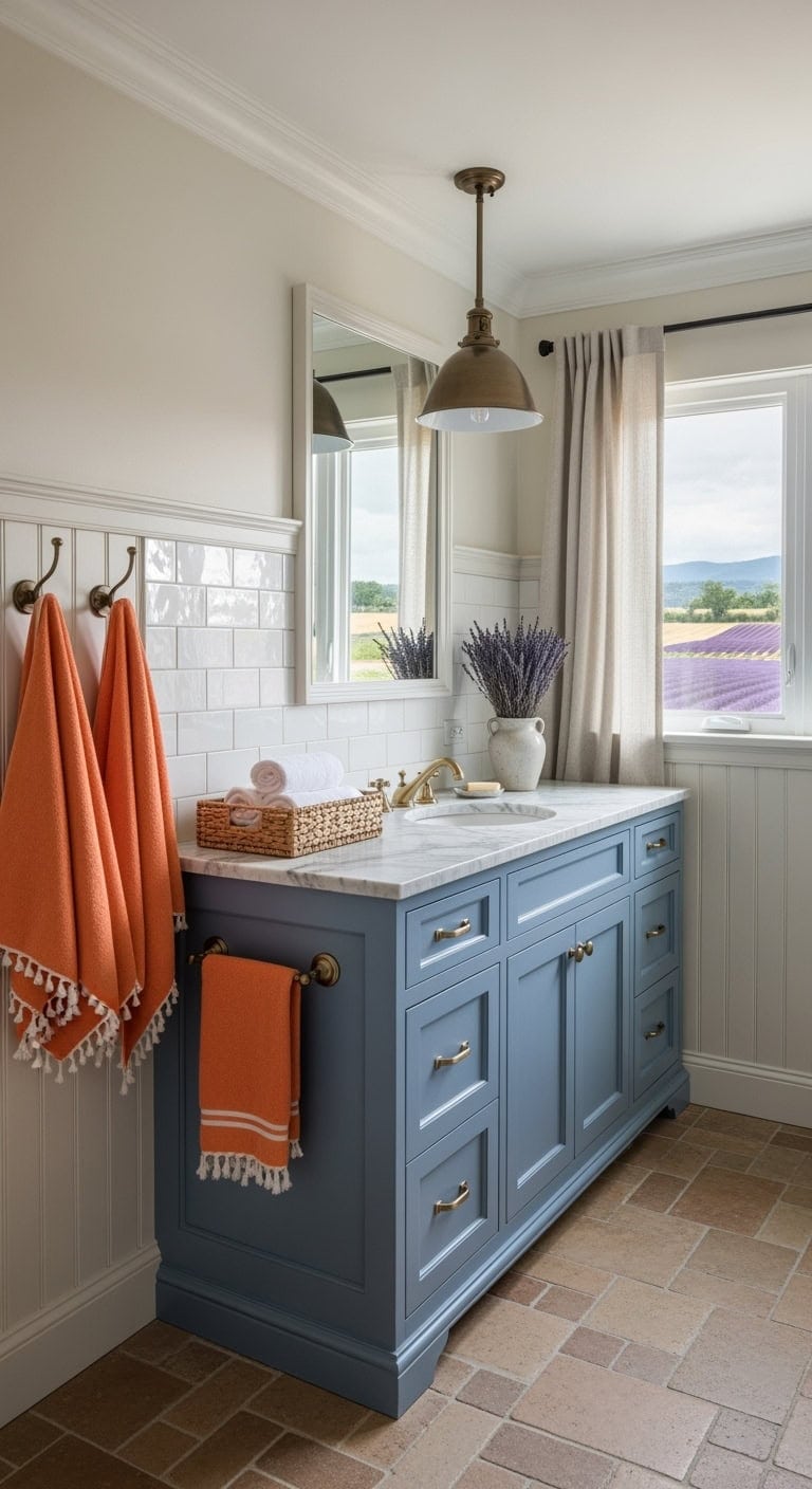 periwinkle cabinets with cantaloupe