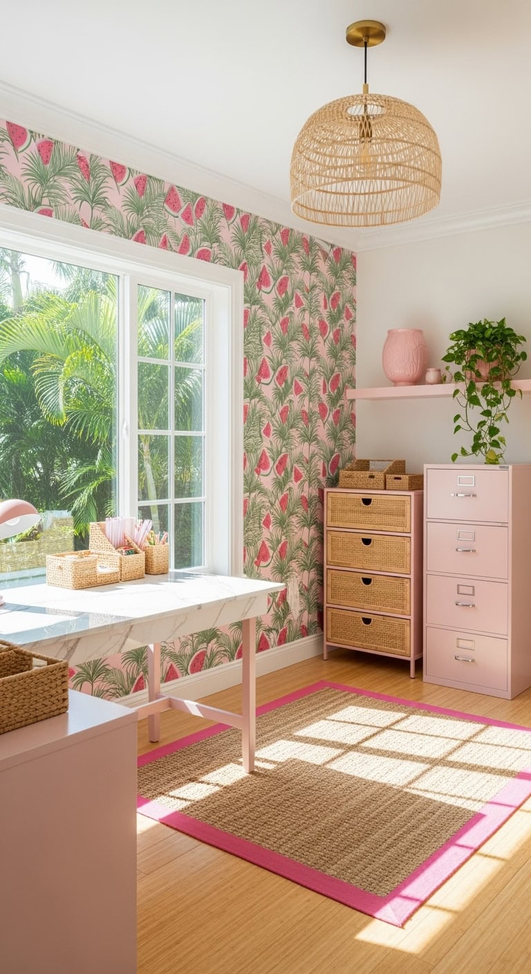 pink green tropical home office