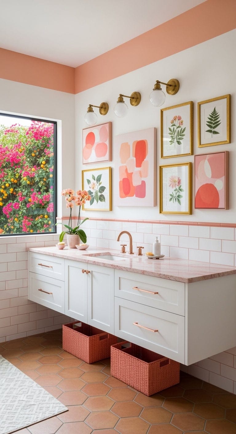 pink orange eclectic gallery bathroom