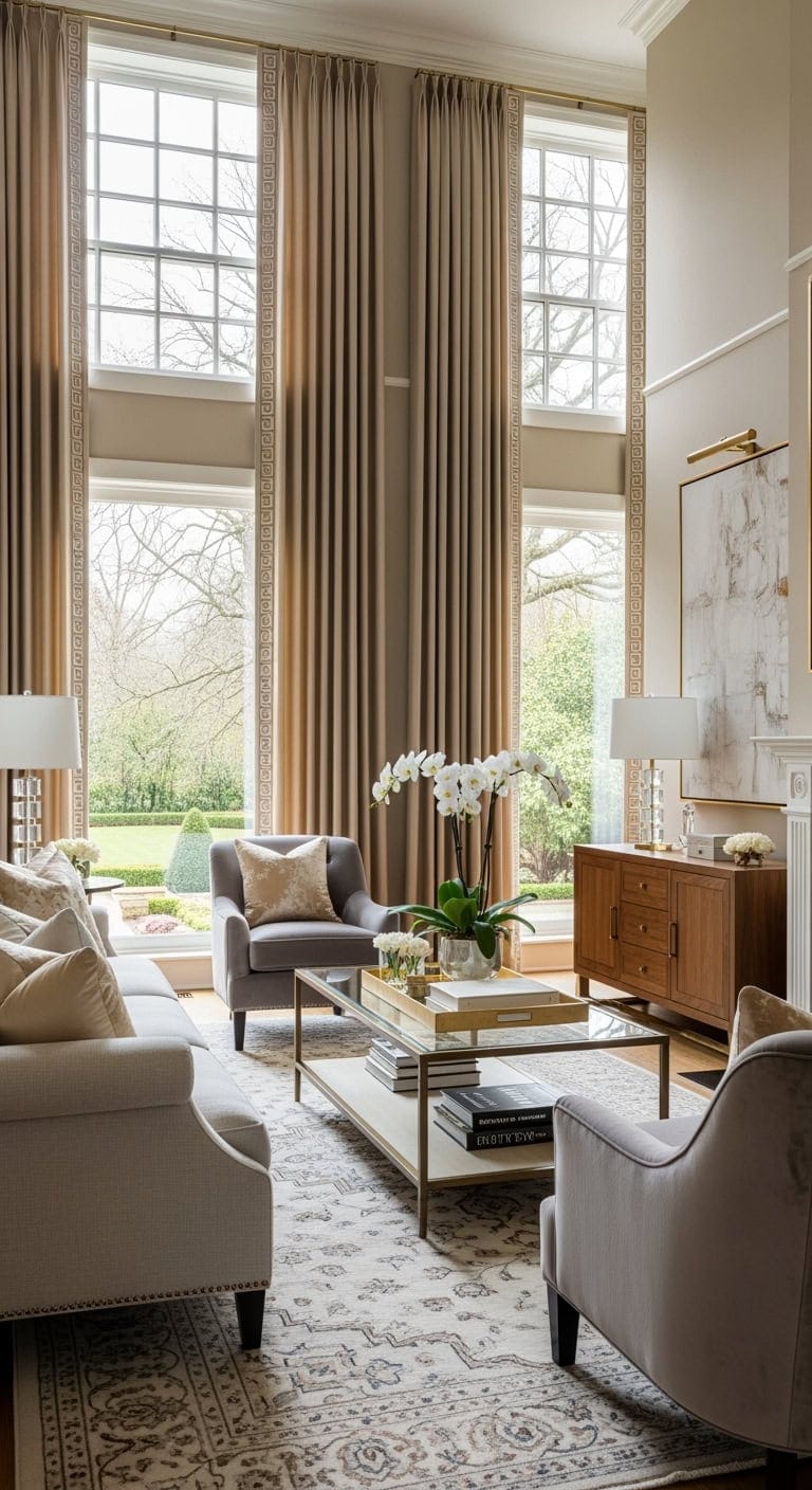 pleated beige silk curtains