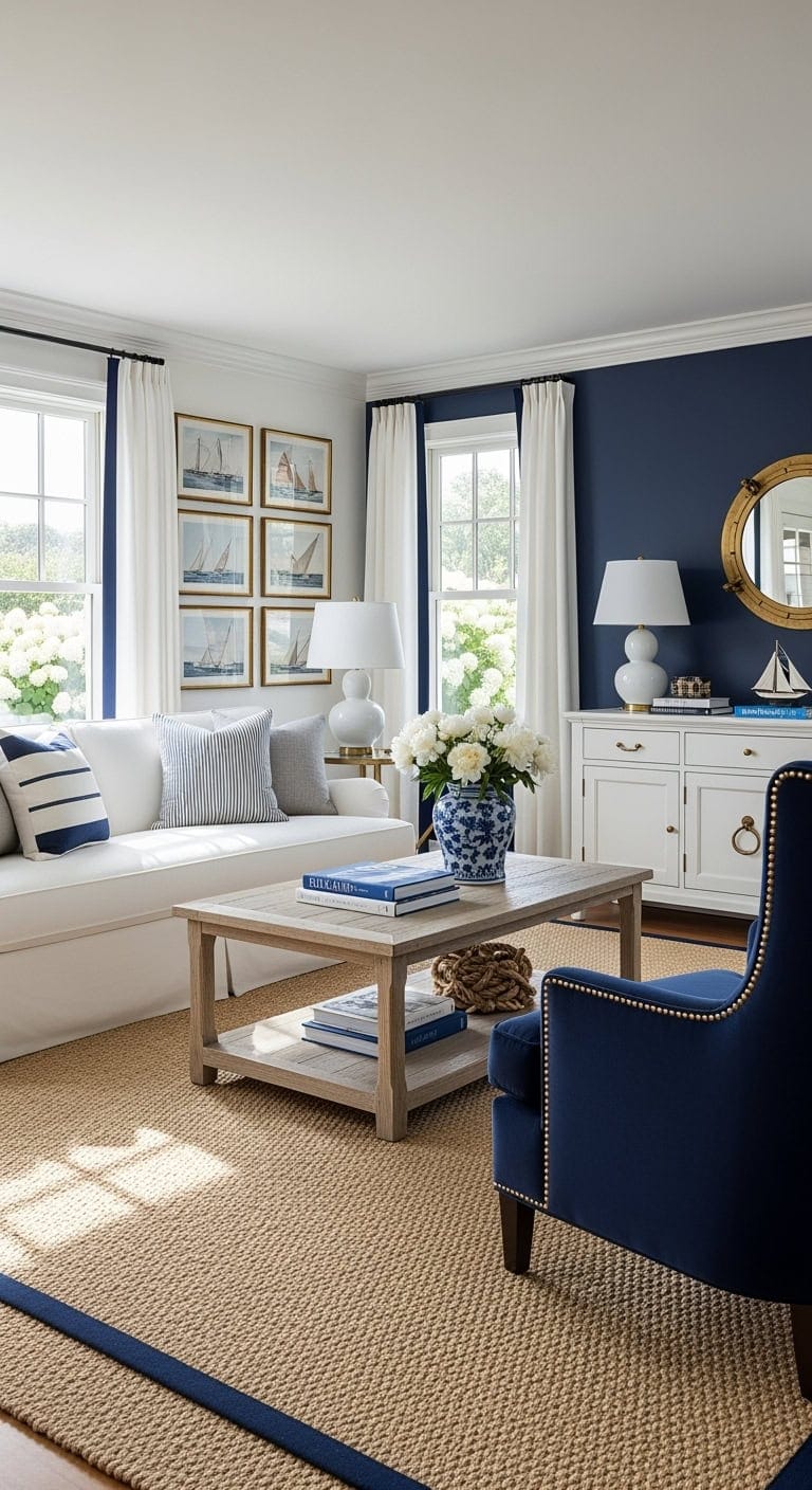 preppy coastal navy striped interior