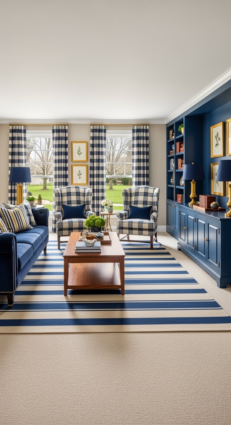 preppy navy plaid livingroom