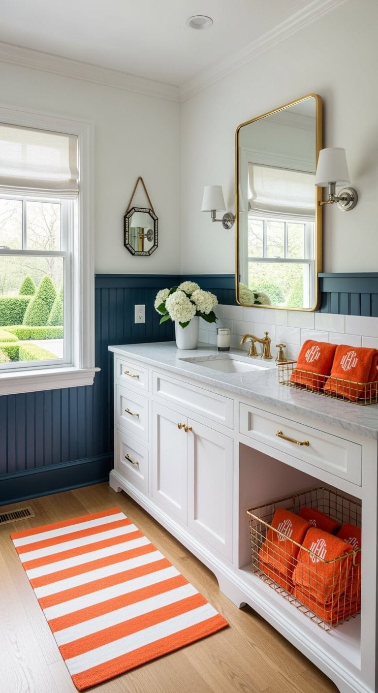 preppy navy wainscoting with orange monograms