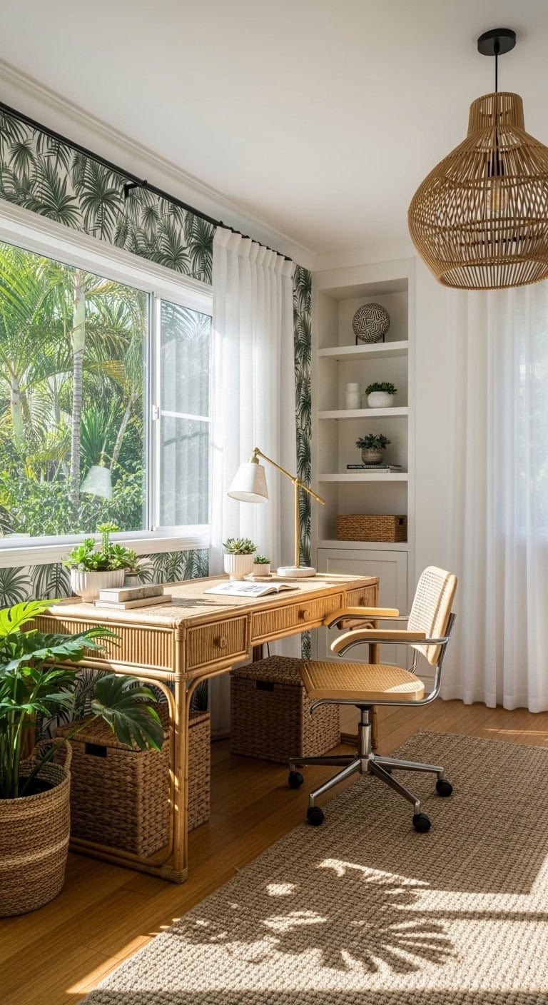 rattan palm print tropical workspace