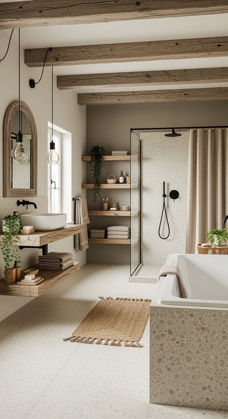 reclaimed beams over terrazzo