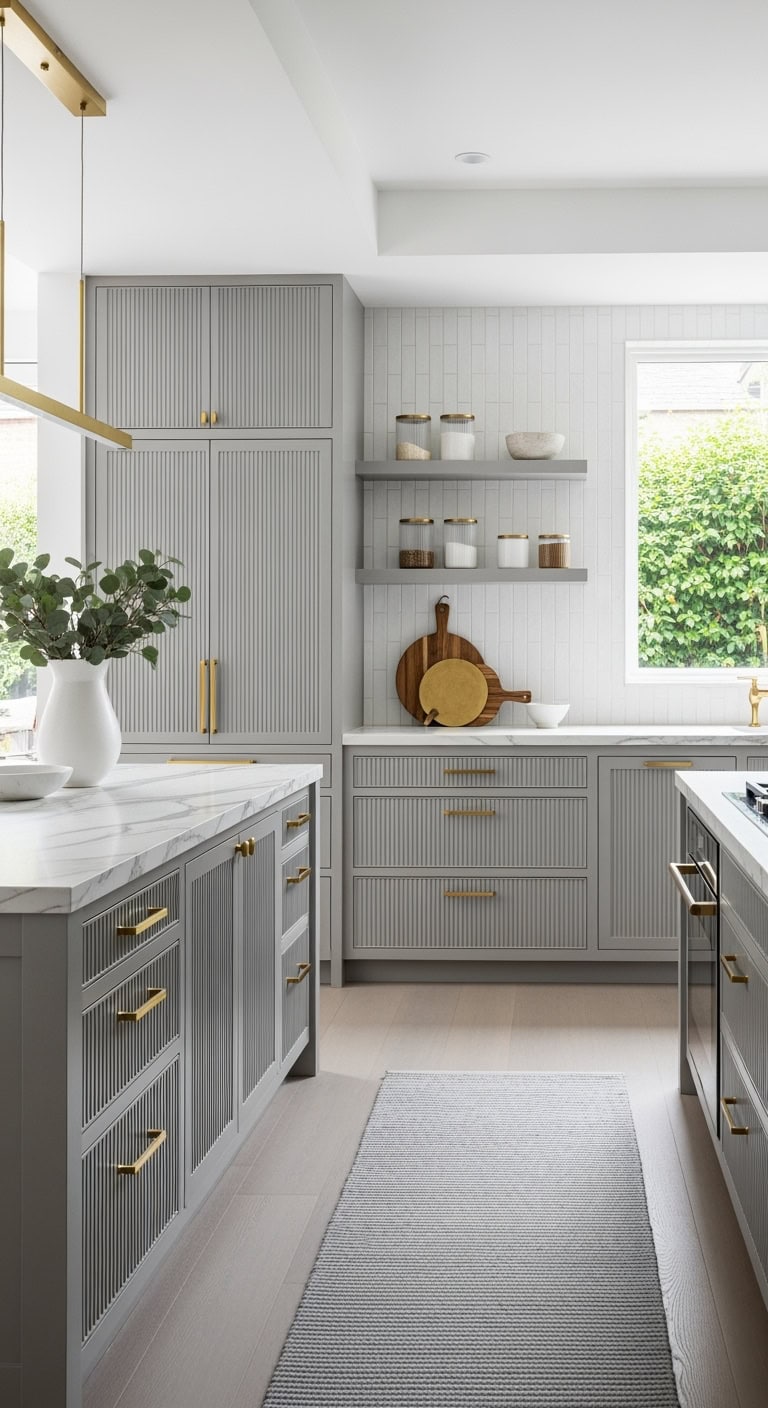 ribbed grey cabinets with brass