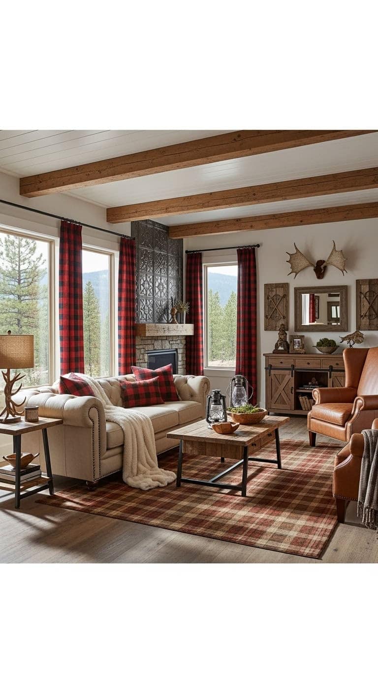 rustic leather plaid lodge