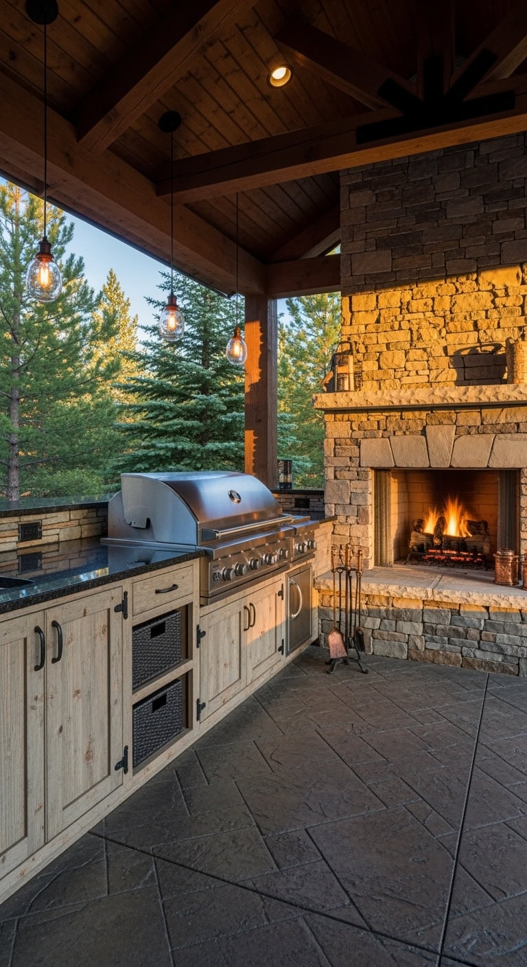 rustic stone fireplace kitchen