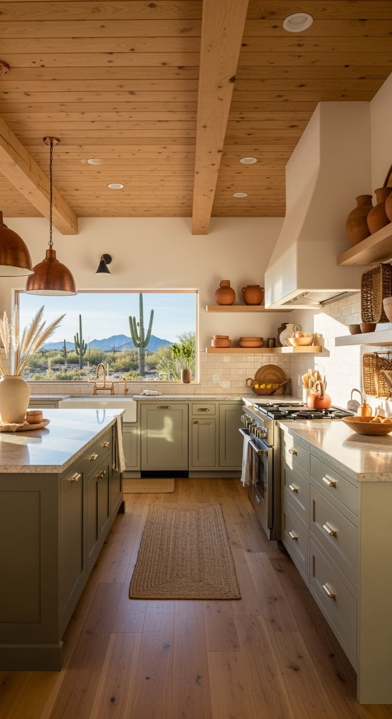 sage cabinets with wood ceiling