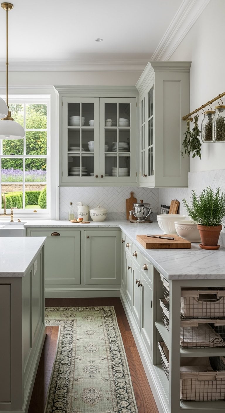 sage glass fronted vintage cabinets
