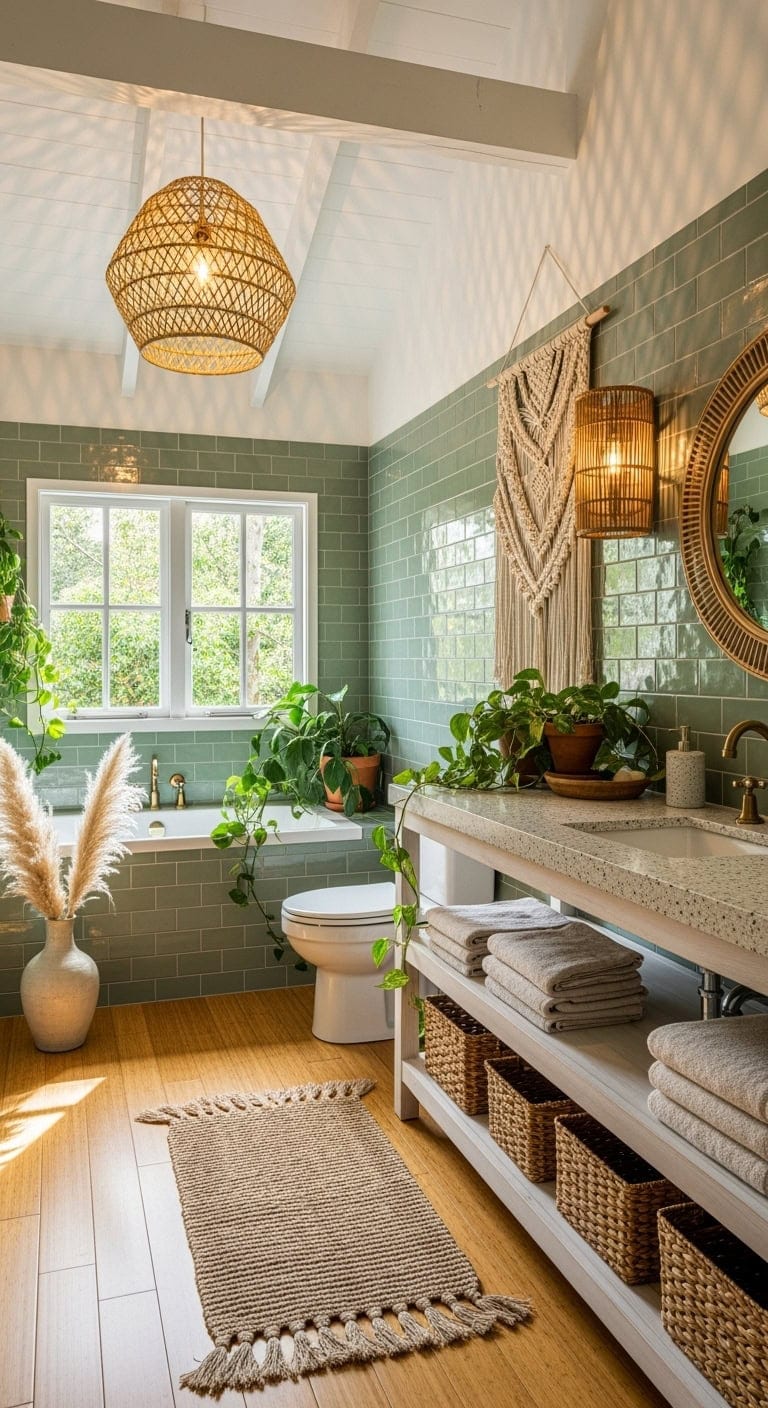 sage green bohemian textured bathroom