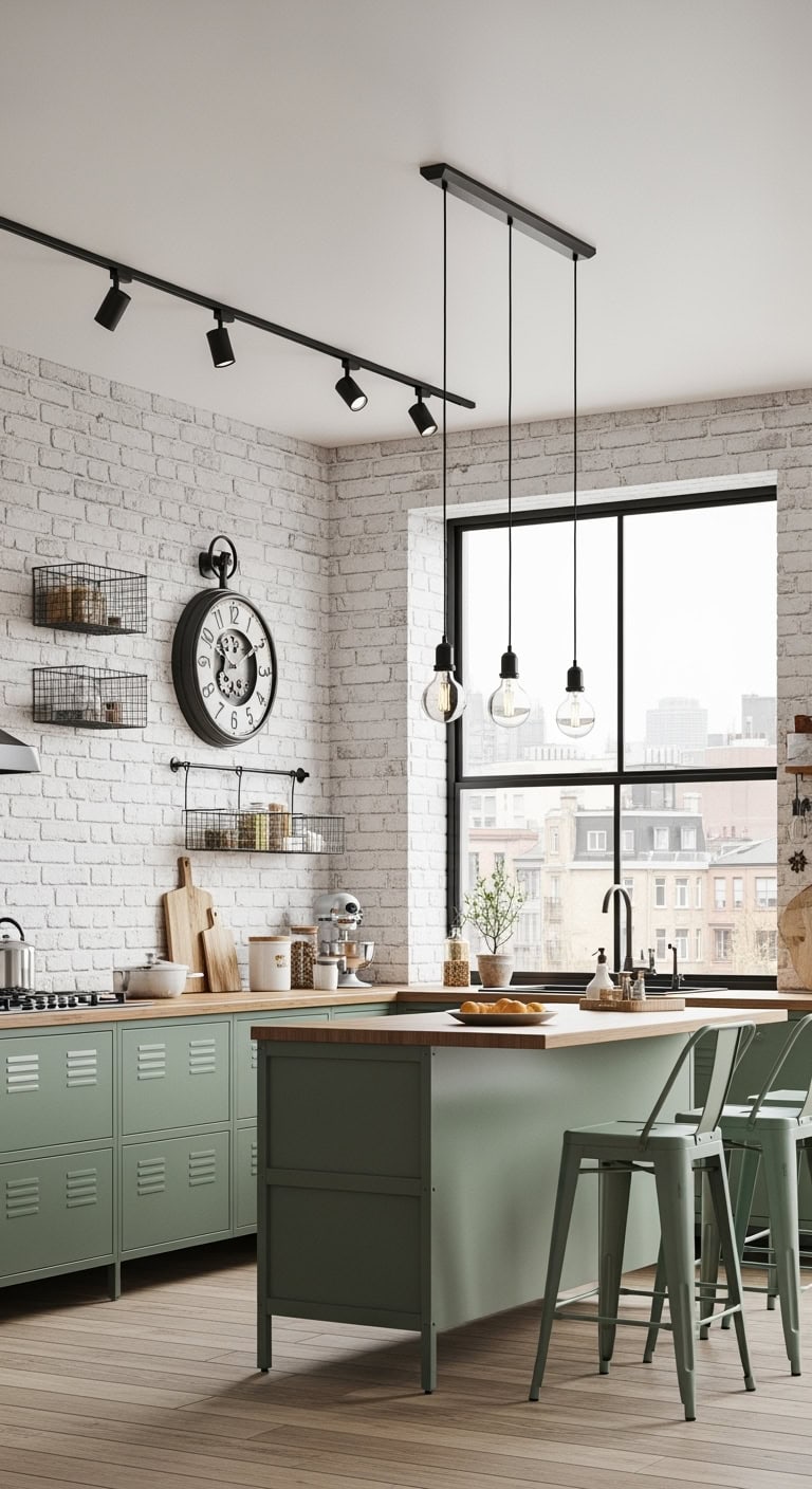 sage green industrial white brick