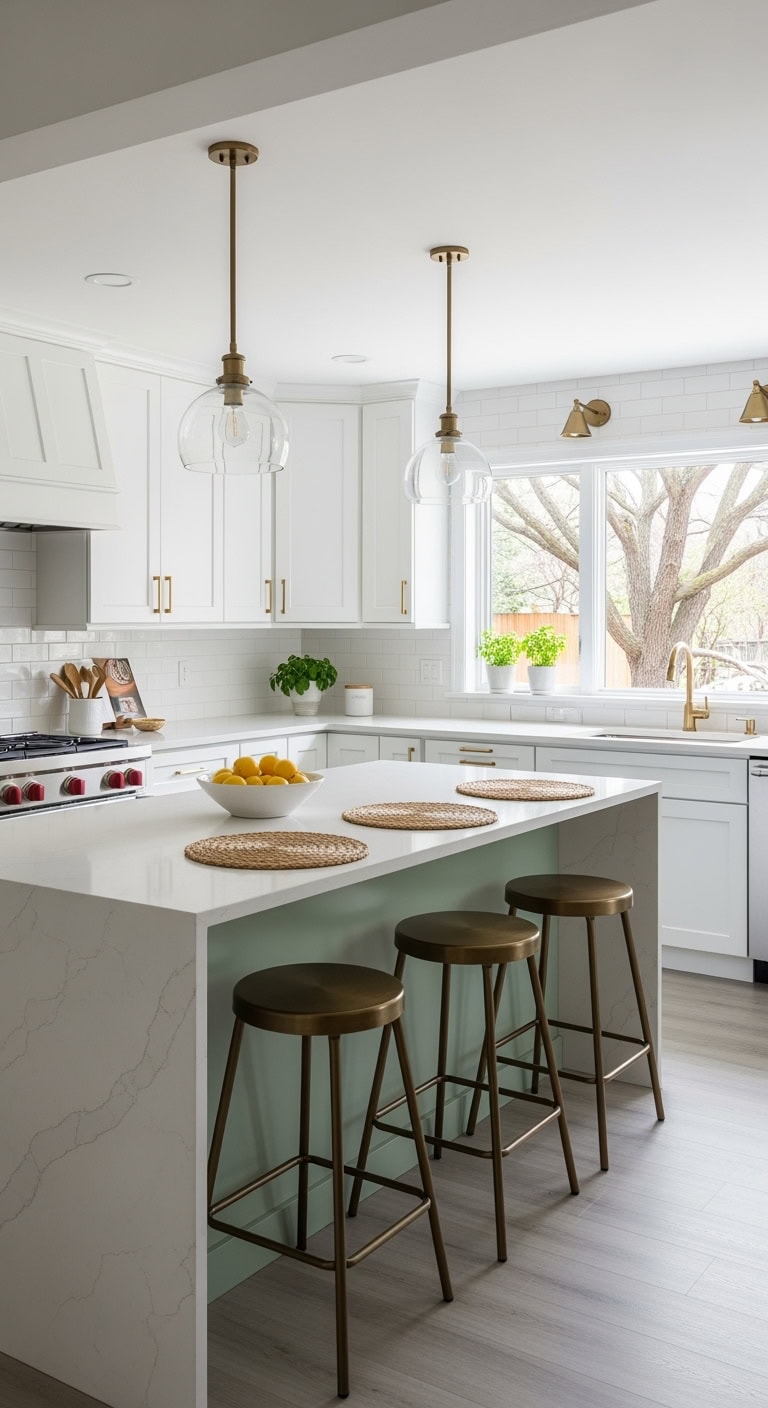 sage green peninsula white quartz