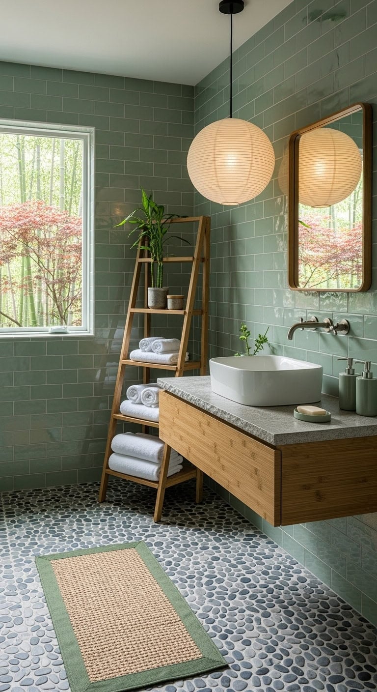 sage green ryokan inspired bathroom