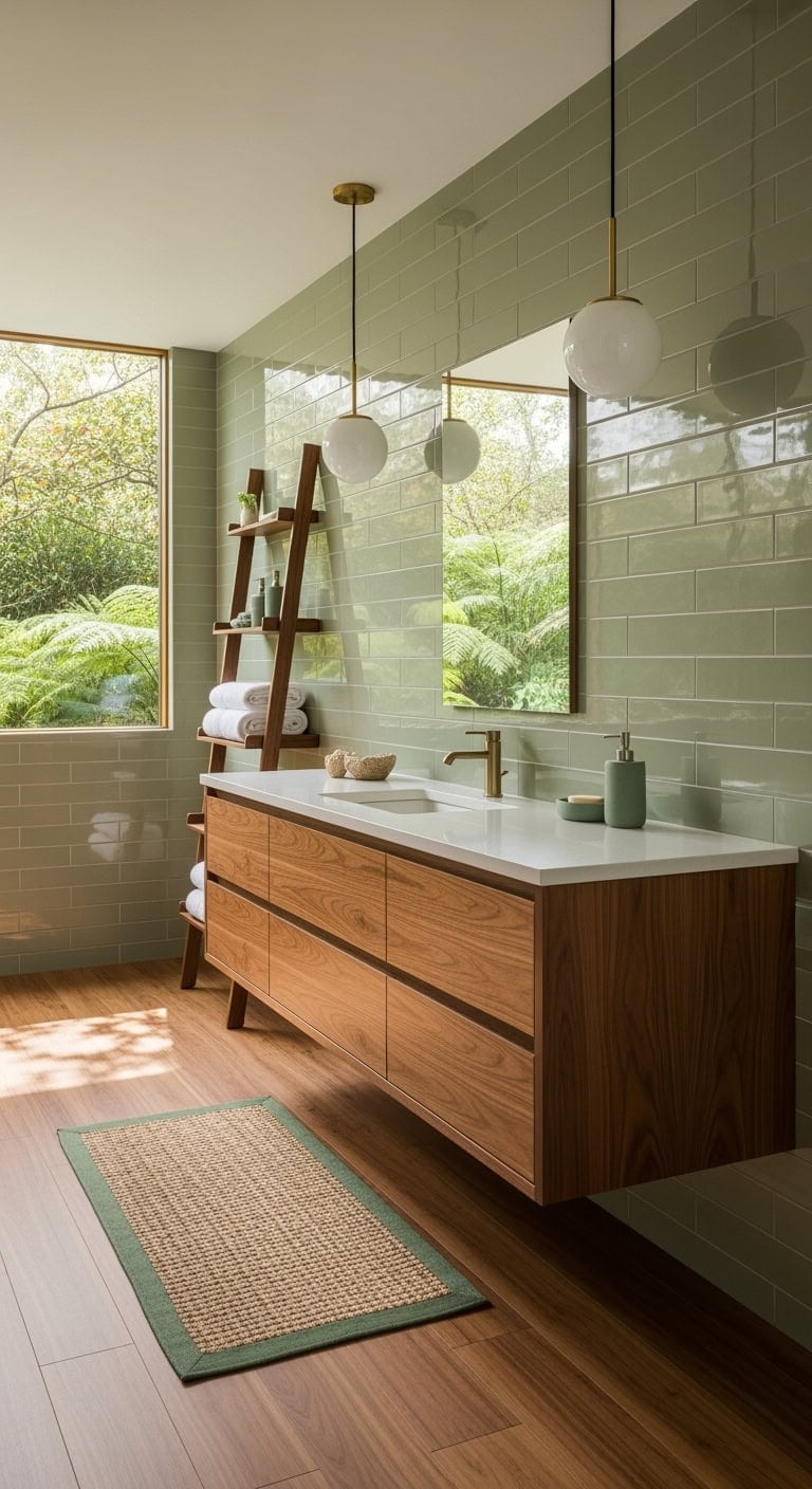sage green walnut bathroom