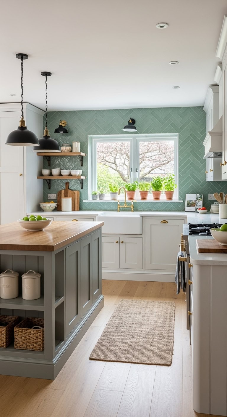 sage herringbone subway backsplash