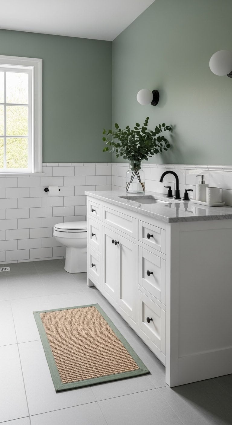 sage walls white tiles