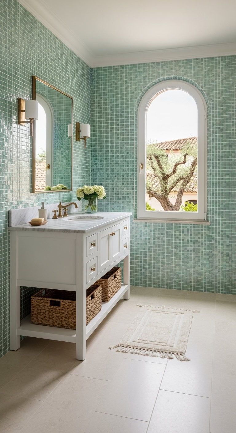 santorini inspired seafoam bathroom oasis