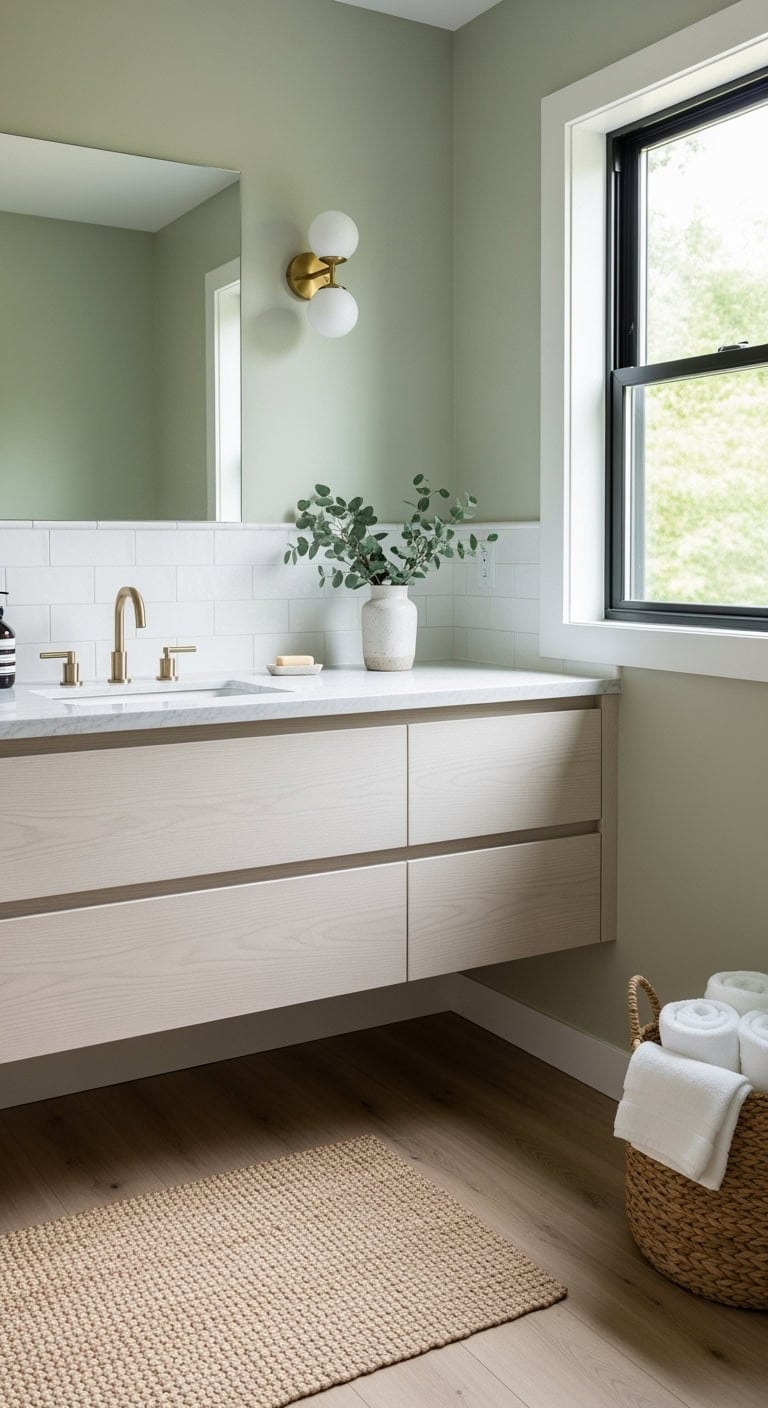 scandinavian spa inspired olive bathroom