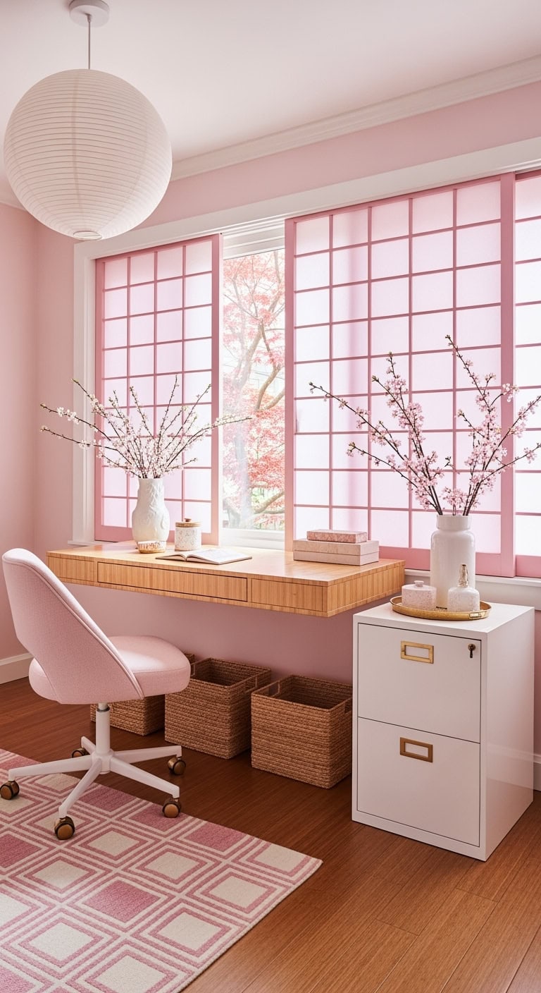 serene pink japanese workspace