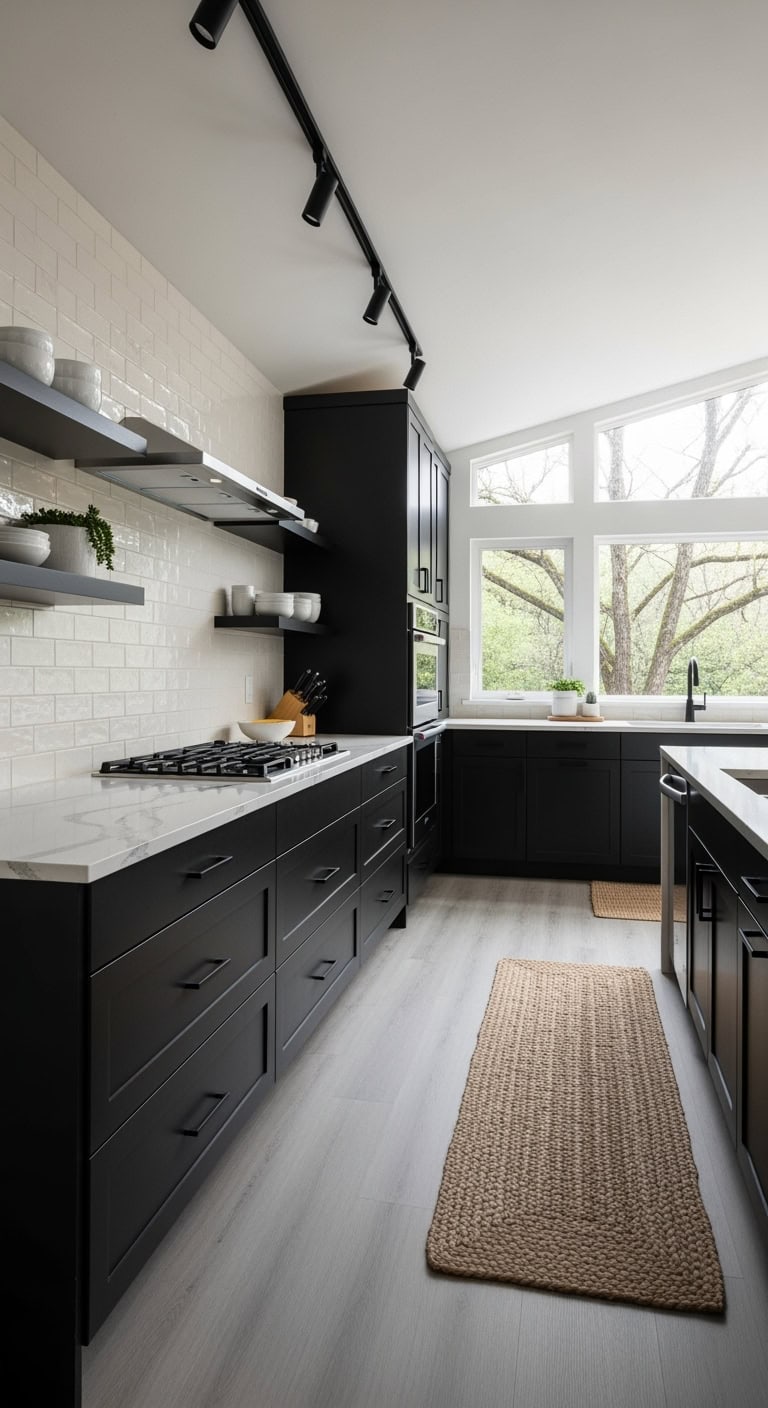 sleek black cabinets cream quartz