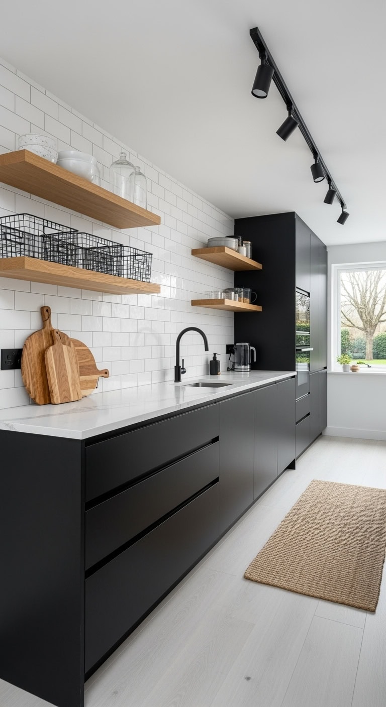 sleek black cabinets oak