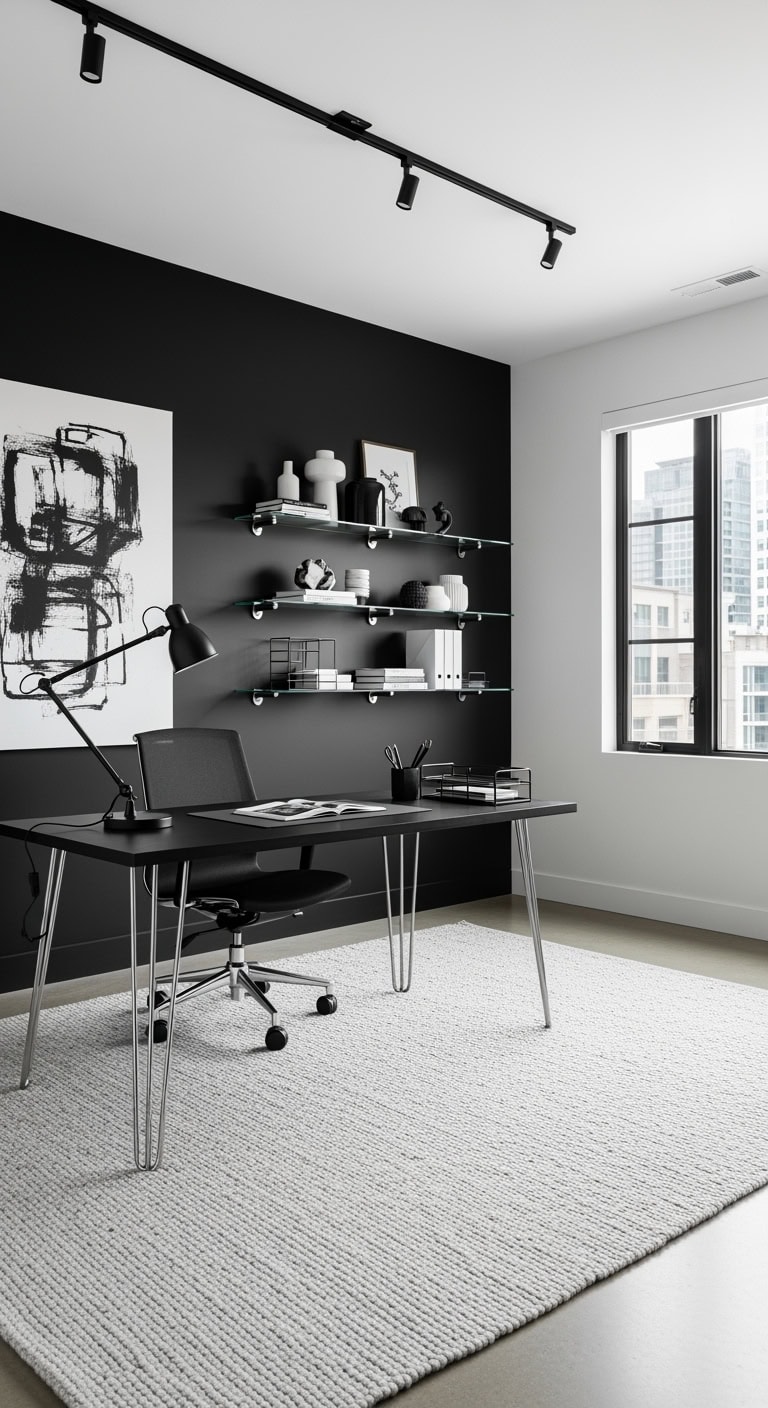 sleek black desk setup