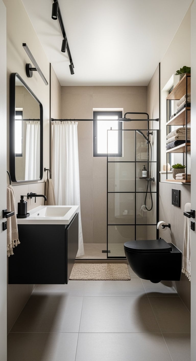 sleek black fixtures warm tan