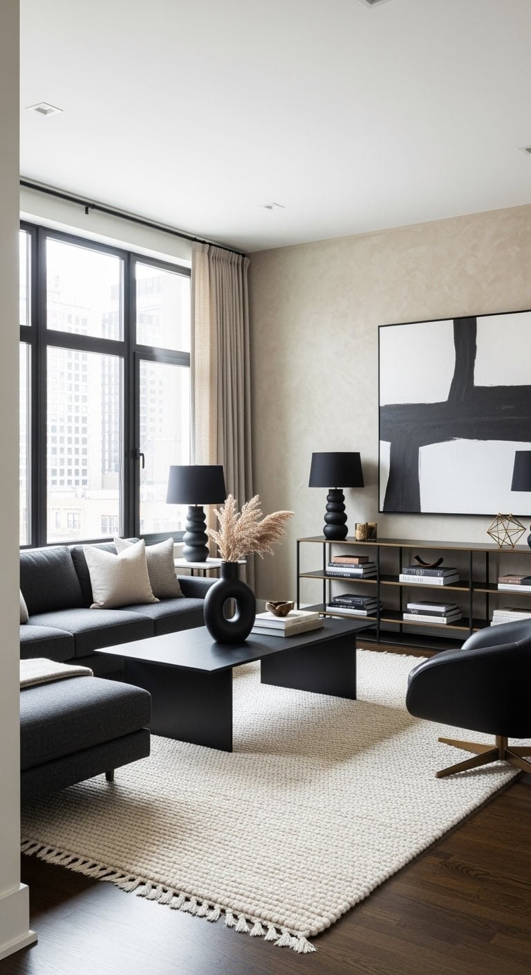 sleek black furniture beige textured