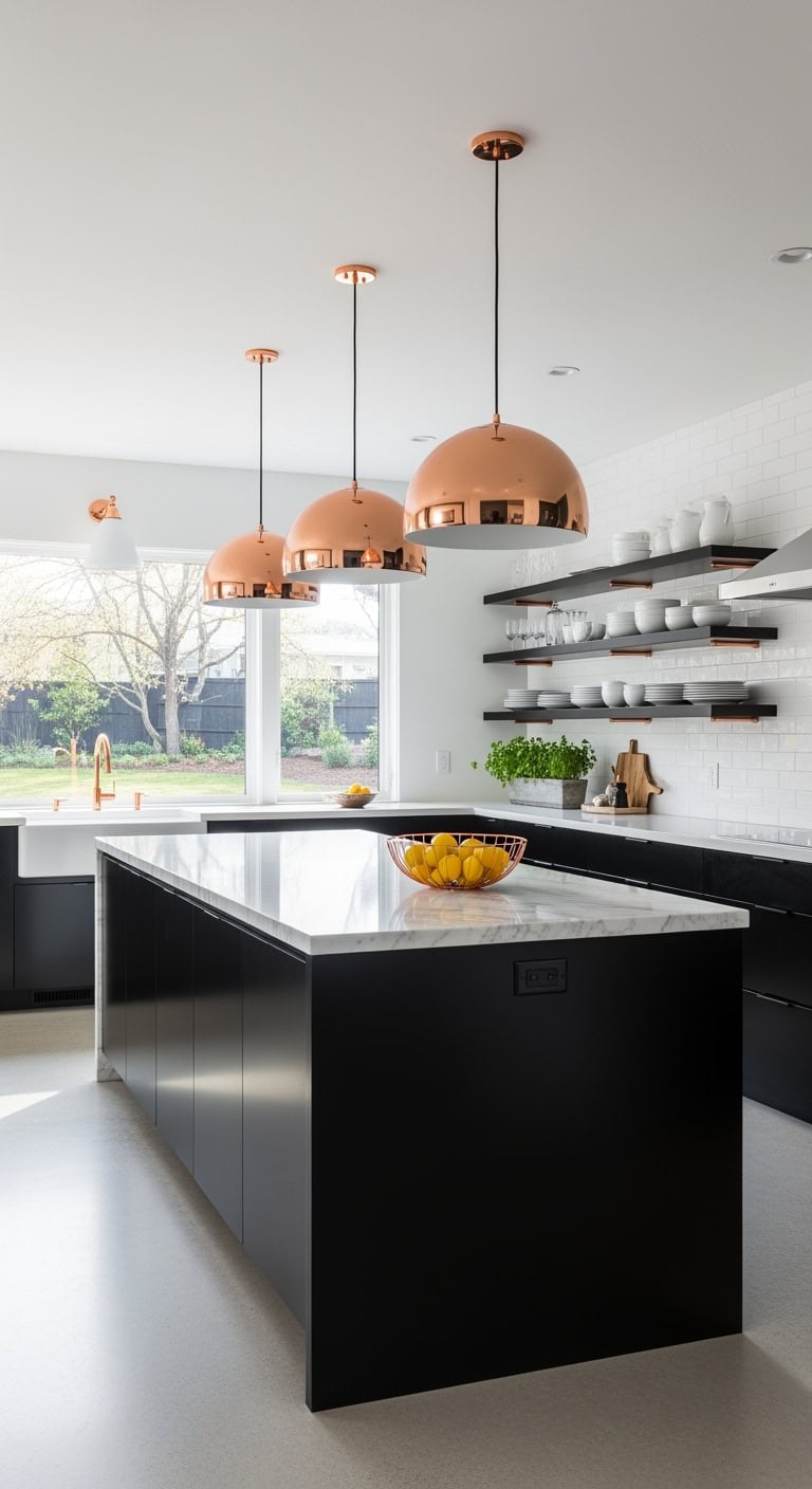 sleek black island copper pendants