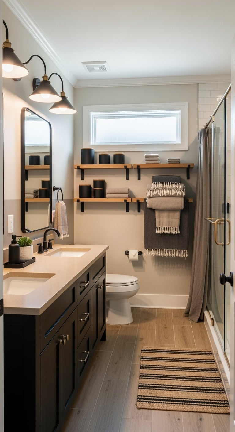 sophisticated black and tan bathroom