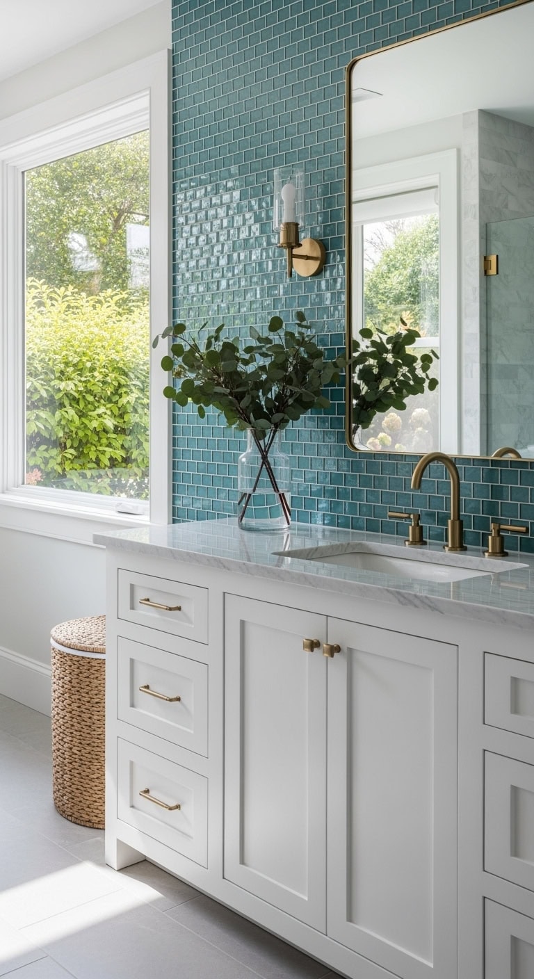 teal glass mosaic backsplash