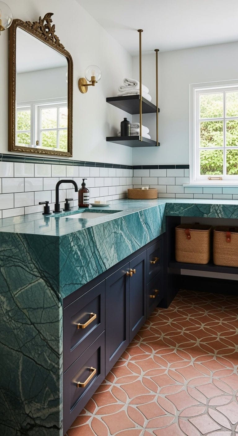 teal green marble eclectic bathroom