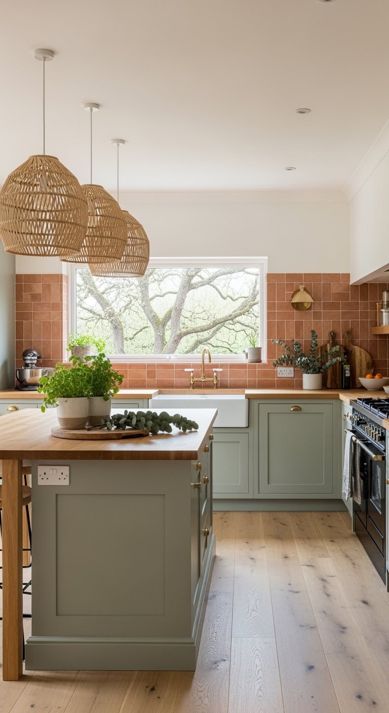terracotta backsplash with sage cabinetry