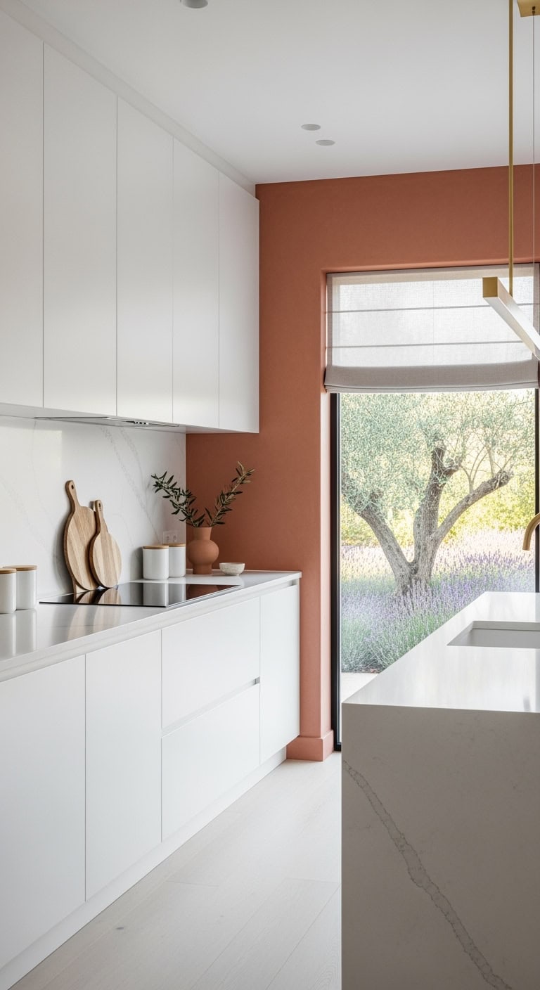 terracotta plaster with white cabinetry