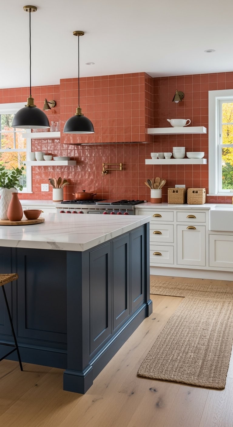 terracotta walls with navy islands