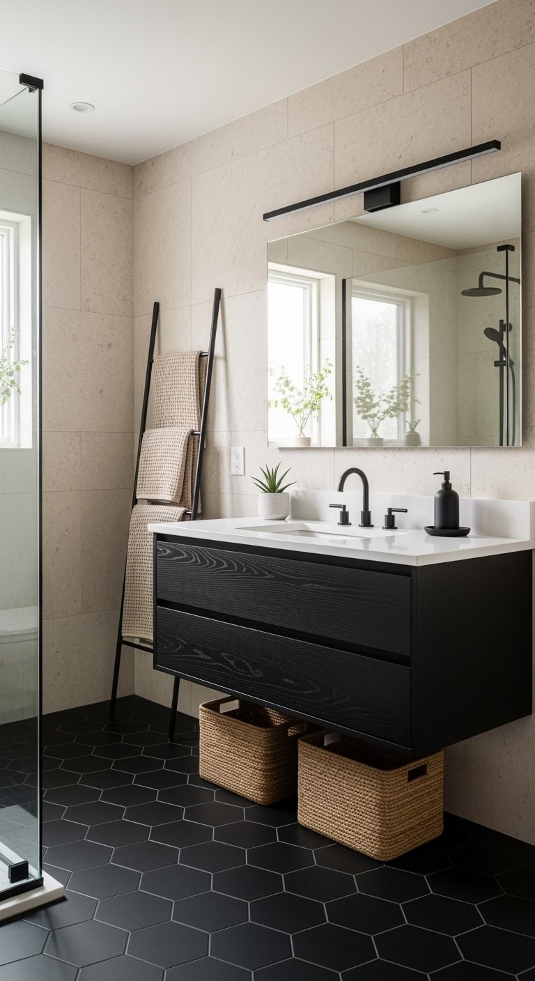textured beige walls black vanity